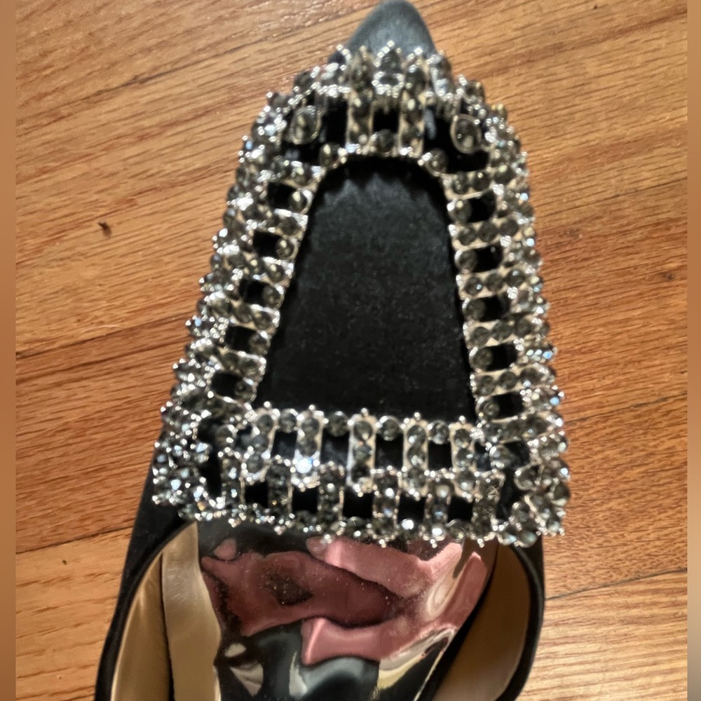 Badgley Mischka Black Enida Satin Crystal Buckle Slingback Pumps Size 11 EUC - Picture 15 of 16